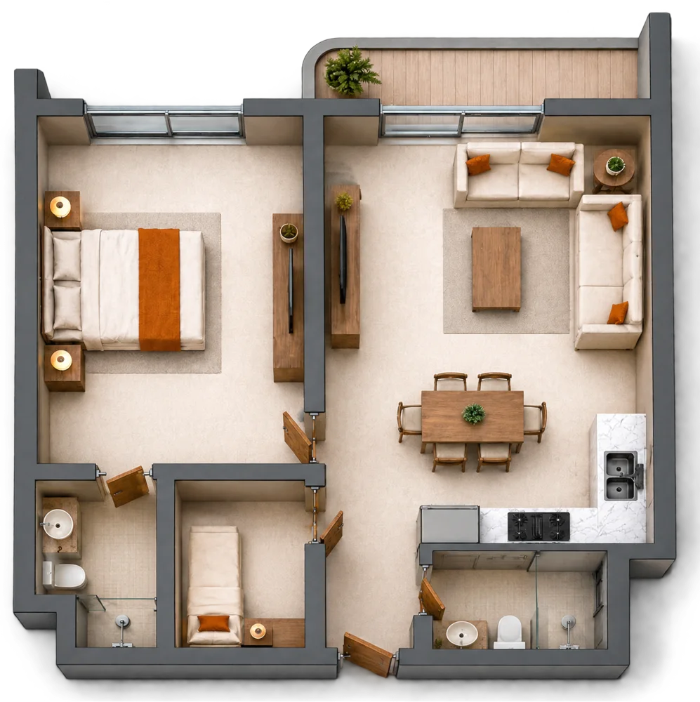 3D floor plan of a 1 bedroom apartment, Plan 01