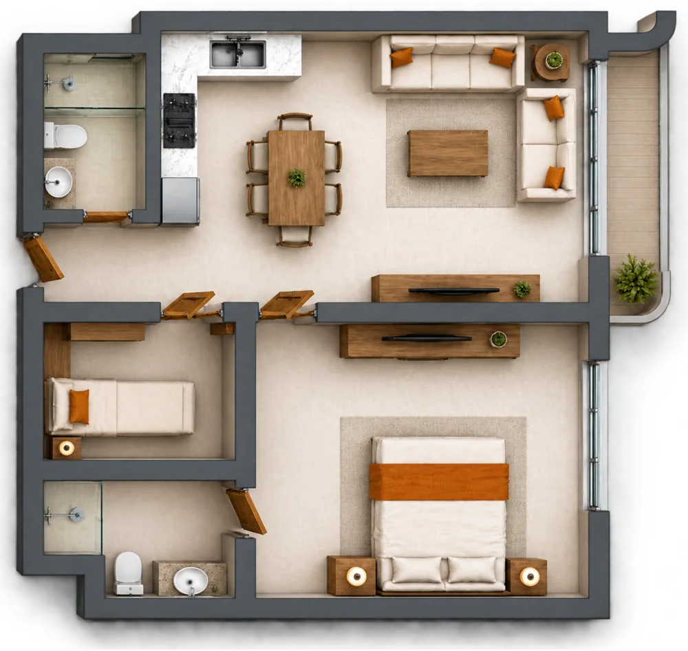 3D floor plan of a 1 bedroom apartment, Plan 02