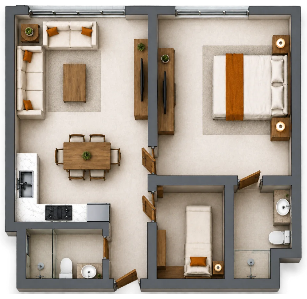 3D floor plan of a 1 bedroom apartment, Plan 03