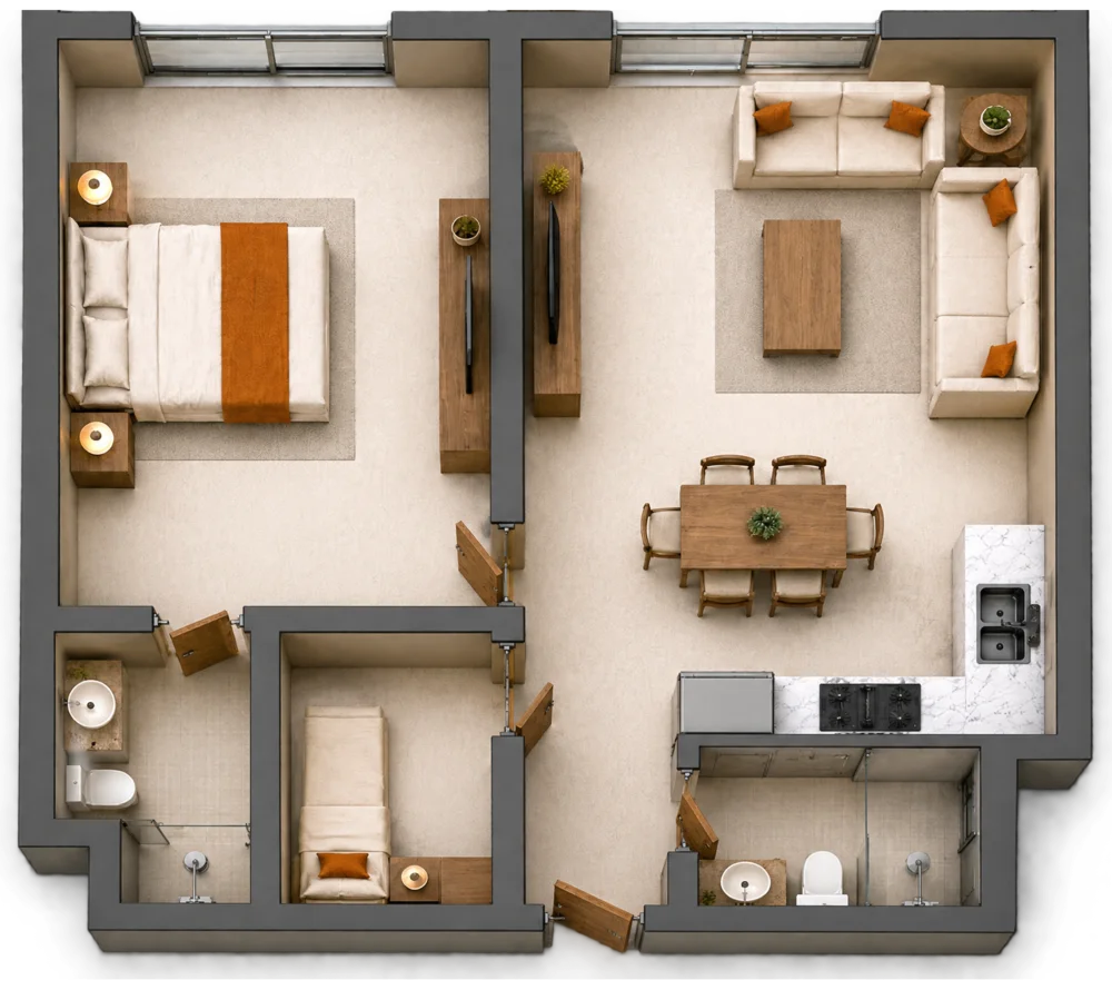 3D floor plan of a 1 bedroom apartment, Plan 04