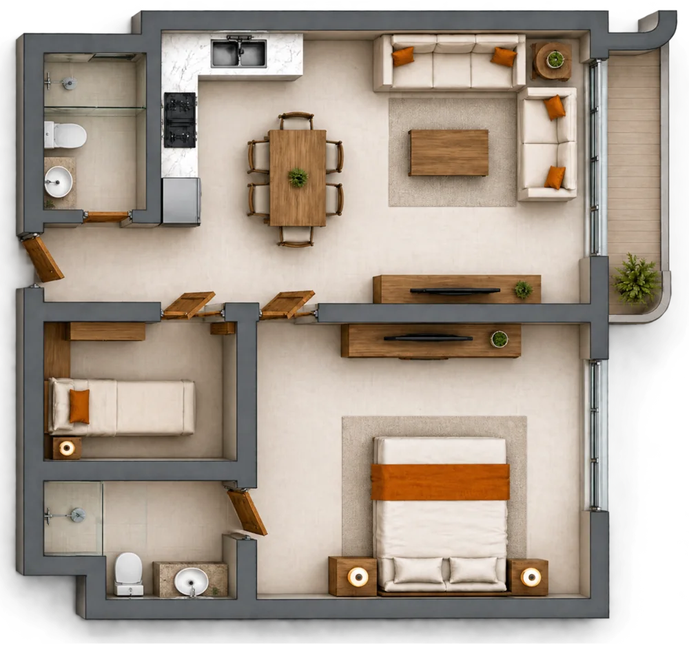 3D floor plan of a 1 bedroom apartment, Plan 05