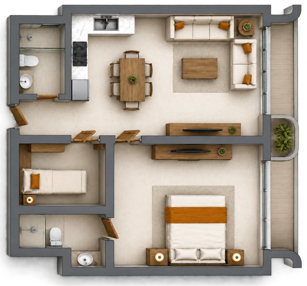 3D floor plan of a 1 bedroom apartment, Plan 06