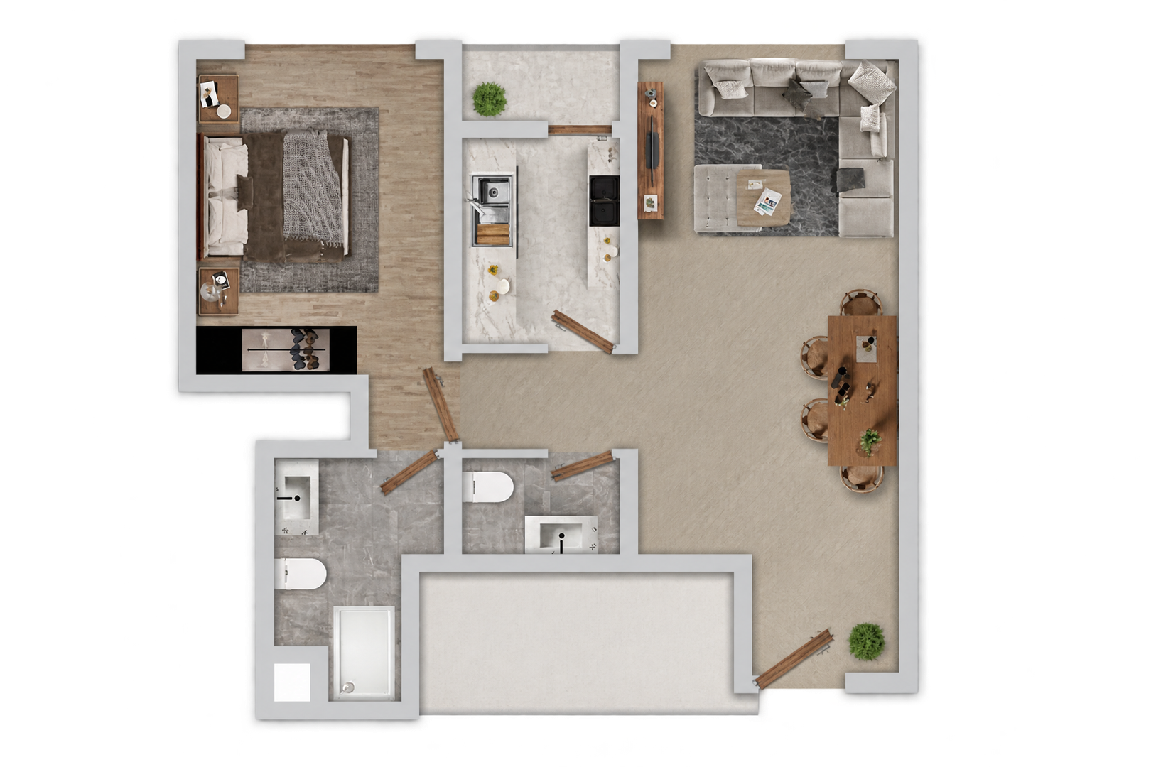 One bedroom and living room with balcony
