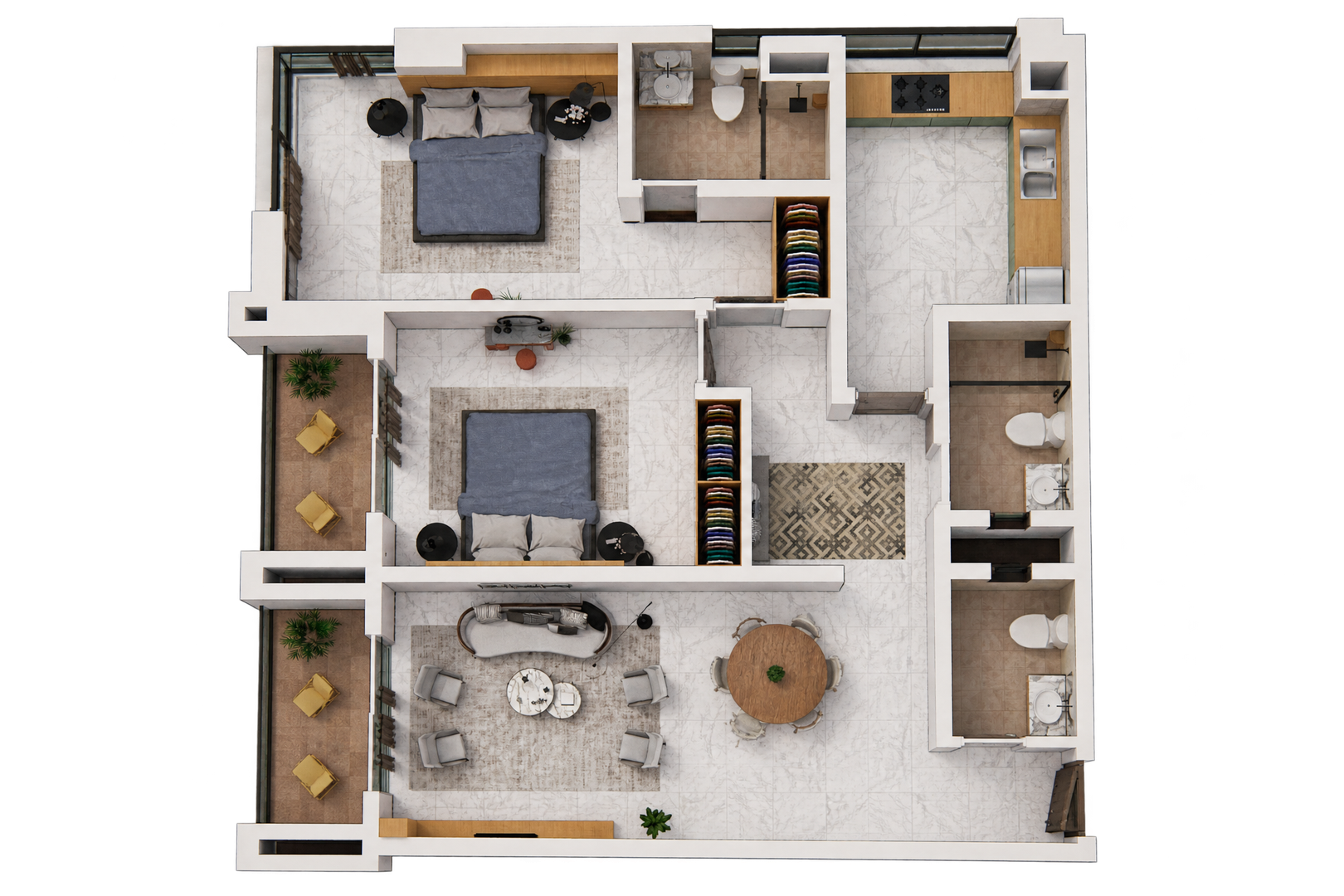 Two bedrooms with two widest balconies