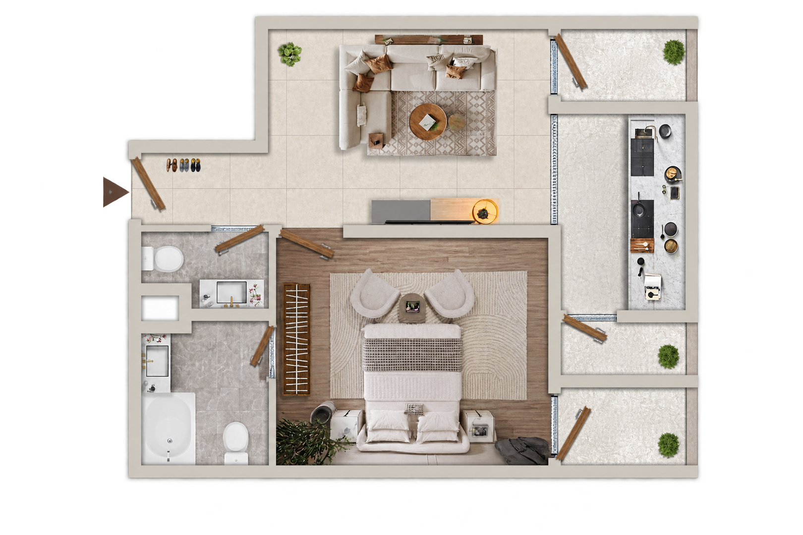 One bedroom apartment with three balconies