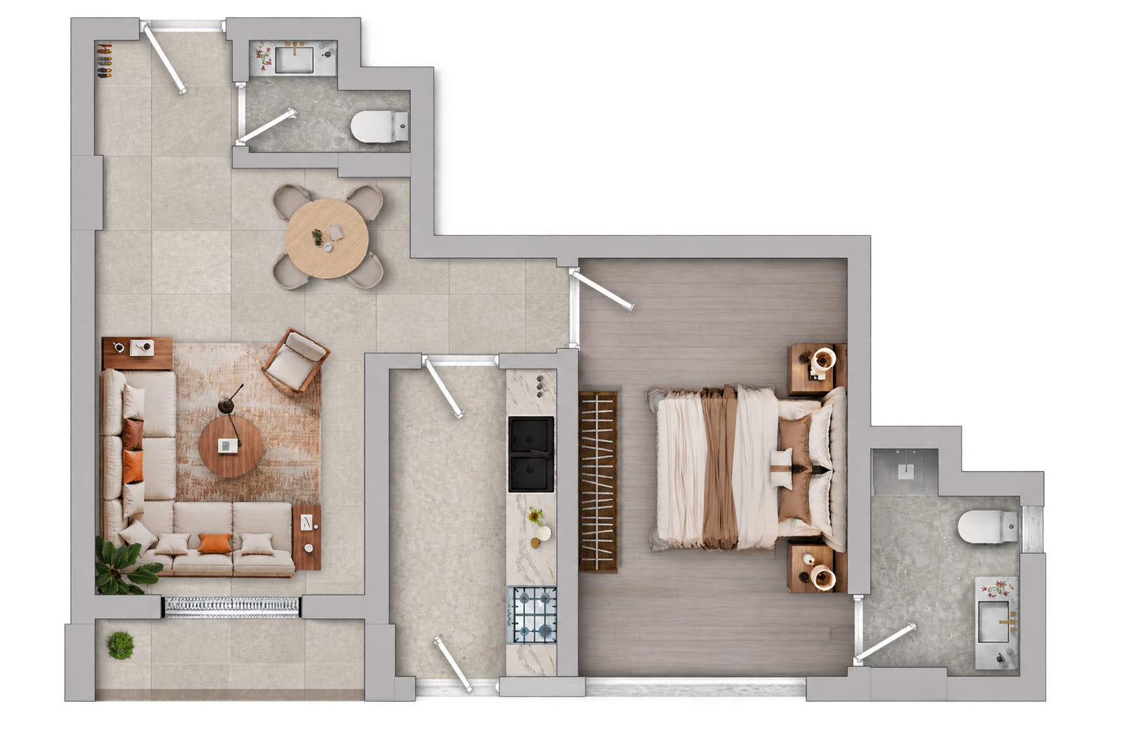 1 Bedroom and Living Room with Three Balconies