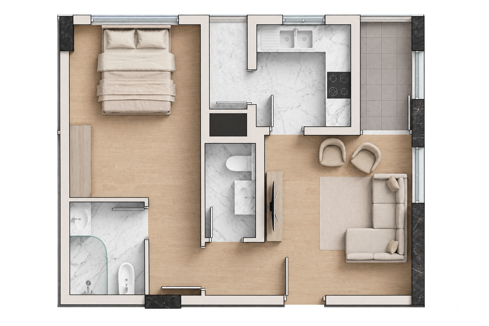 One bedroom and hall with two balconies