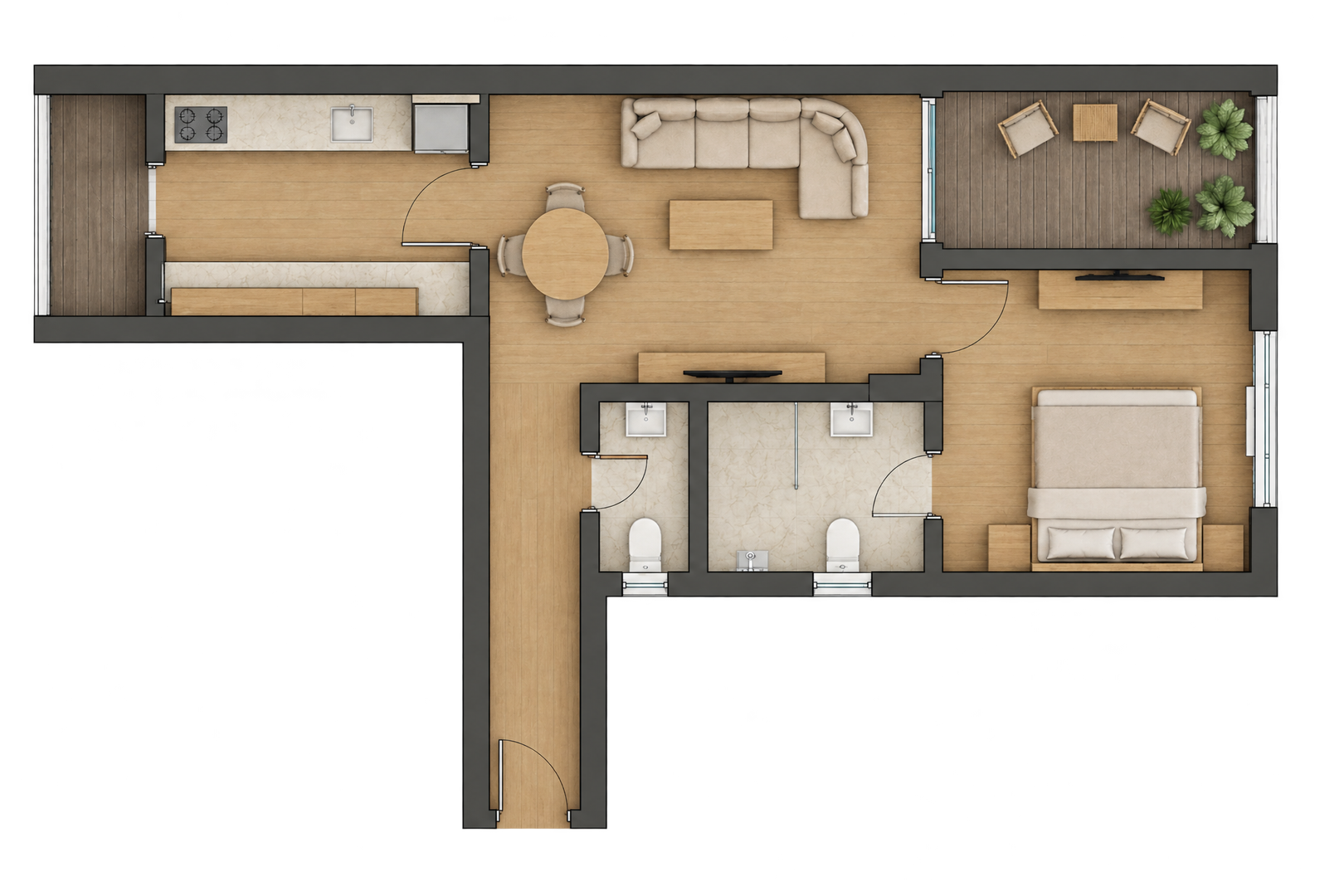 1 Bedroom and Hall with Separate Kitchen