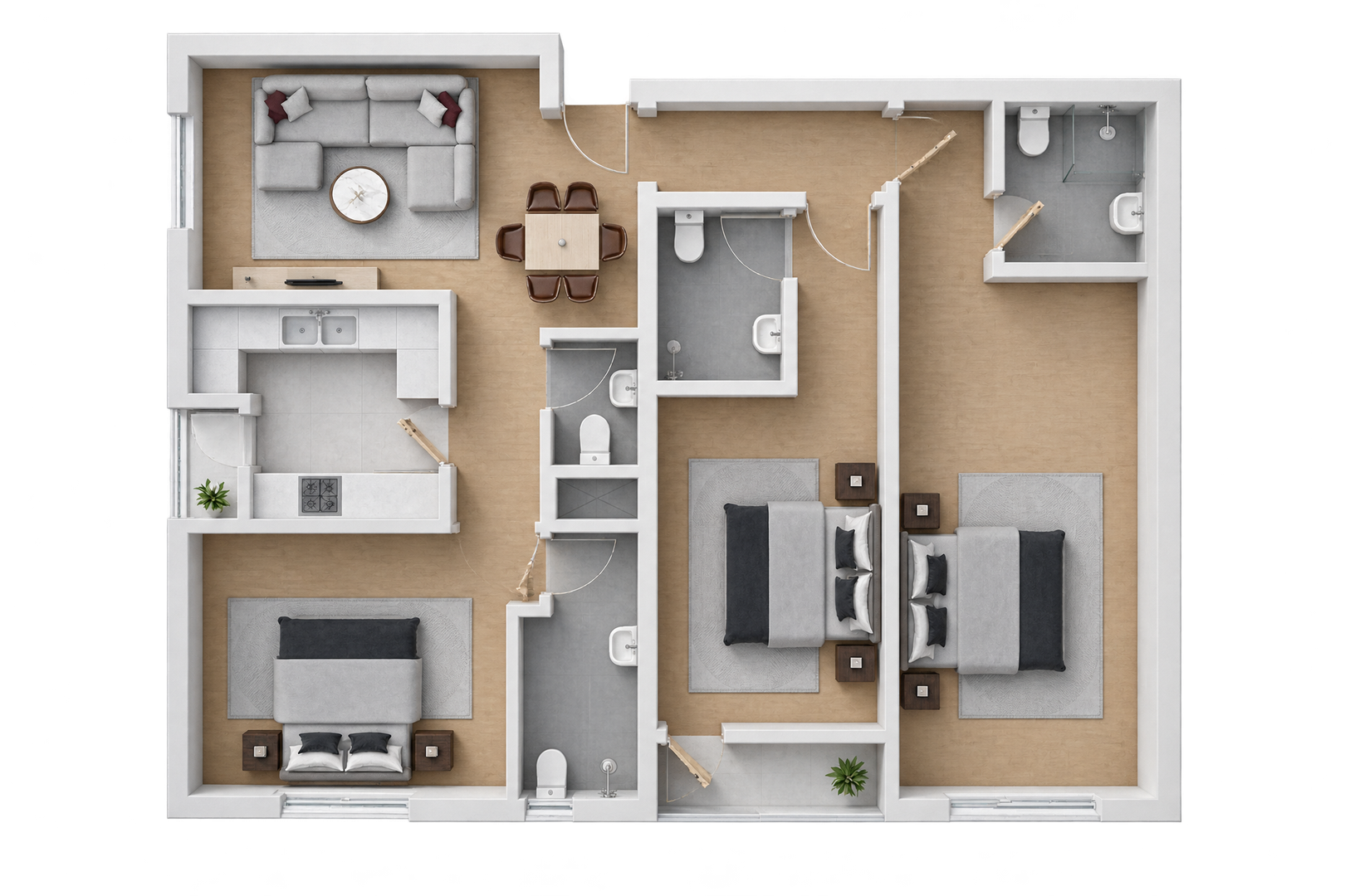 Three bedrooms with two balconies