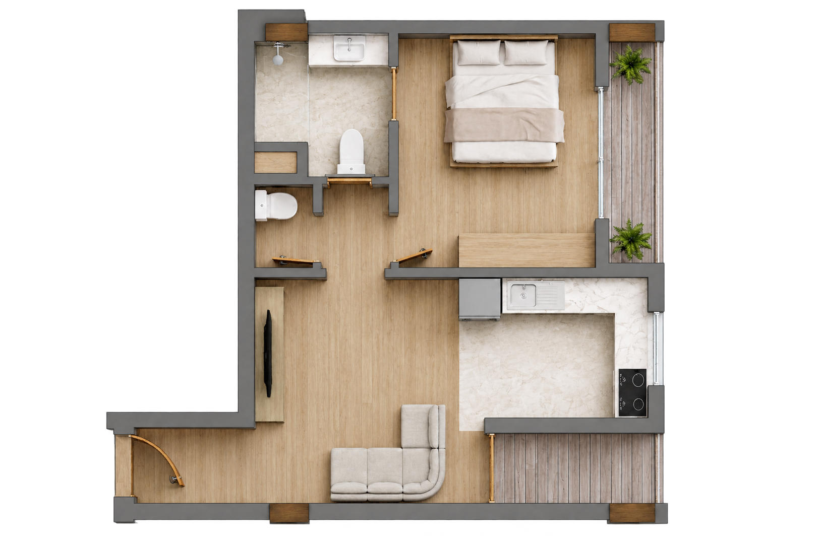 1 Bedroom and Hall with Open Kitchen 60 sqm