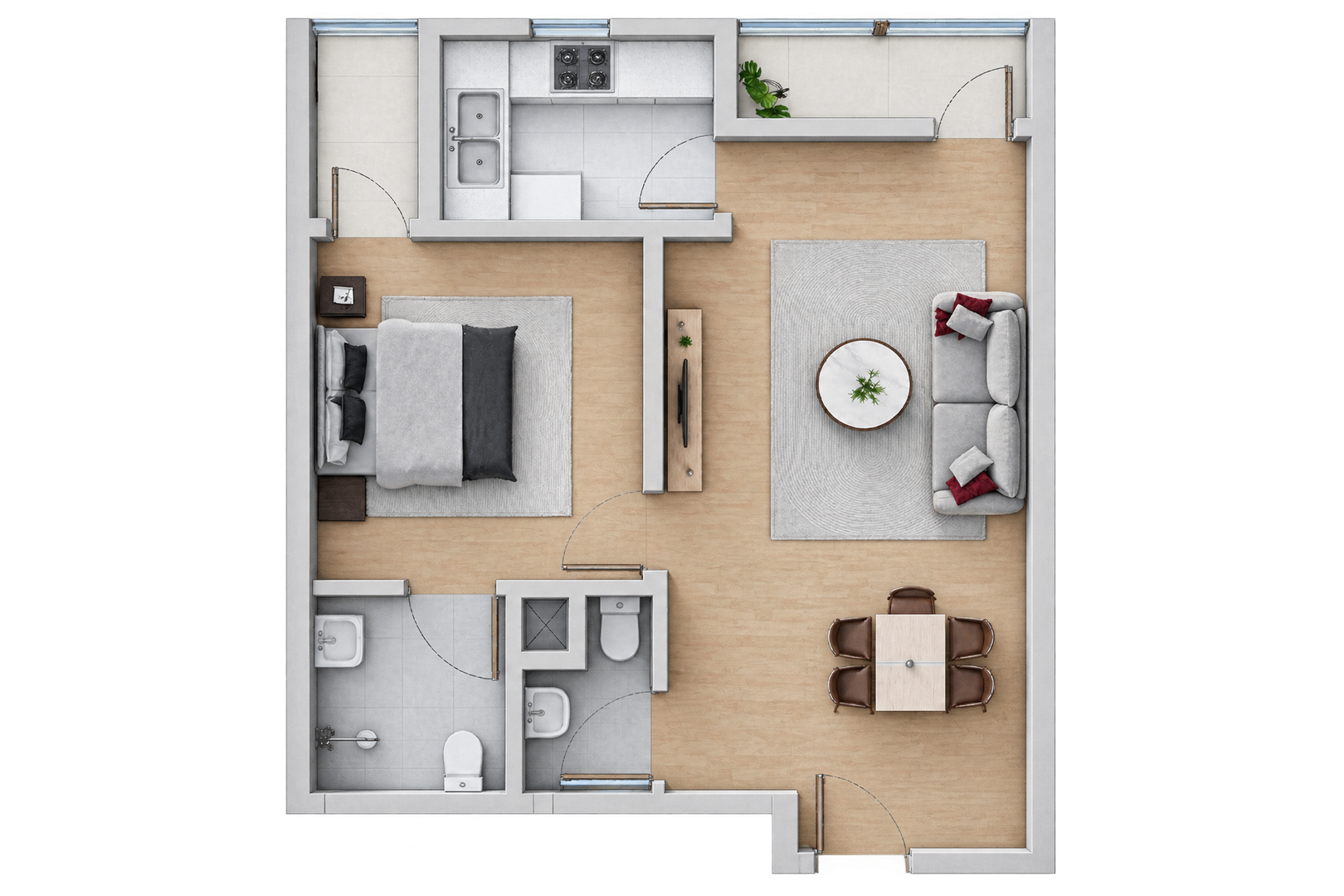 1 Bedroom and Living Room with 2 Balconies 58 sqm