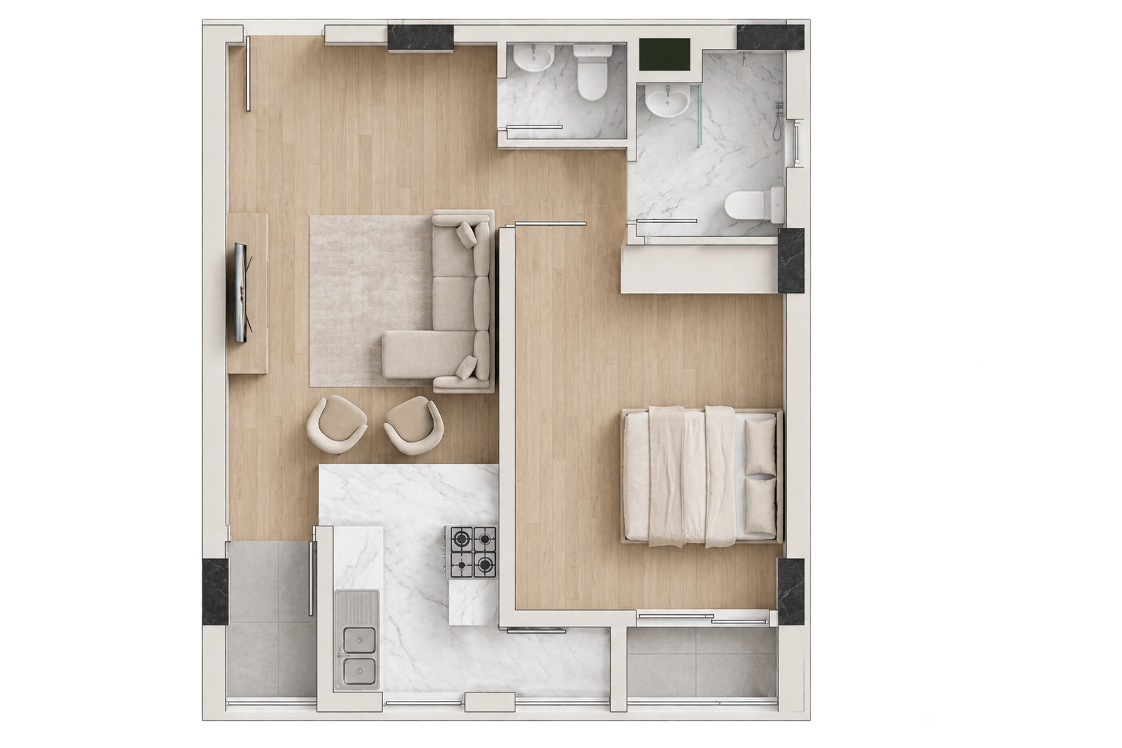 One bedroom and living room with three balconies