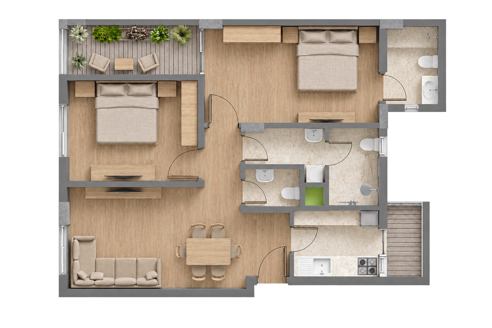 Two bedrooms with two balconies