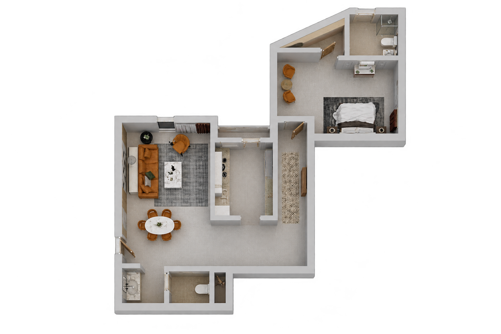 1 Bedroom and Living Room with Independent Kitchen